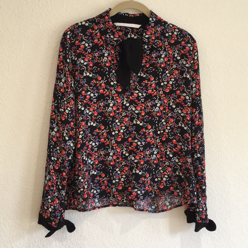 Zara Trafaluc floral print blouse with ties black